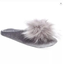 INC International Concepts Gray Velvet Pom Pom Slide Slippers Small 5-6