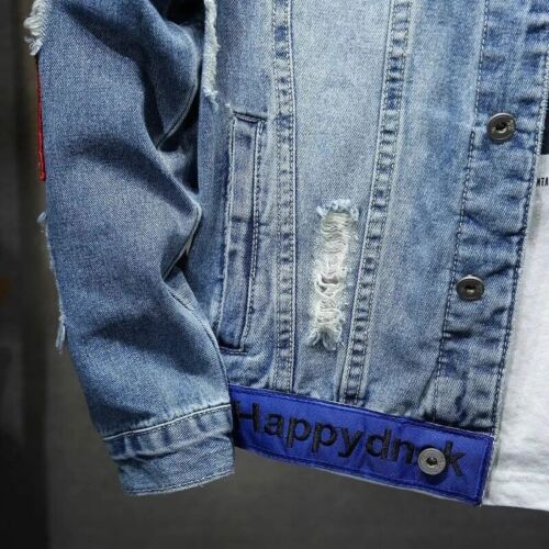 Herren Denim Jacke Hip Hop Streetwear Punk Motorrad gerissener Druck Cowboy Outwear - Bild 5 von 29