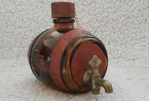 Vintage Freestanding Amber Glass Keg With Leather Accents Decanter Barrel - Picture 7 of 11