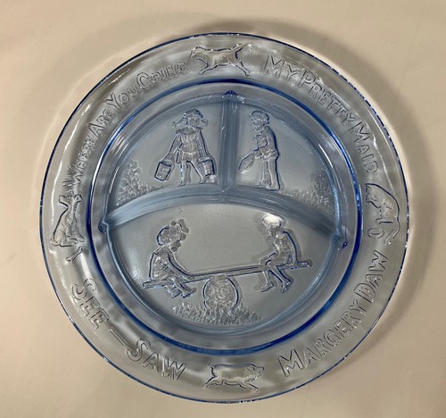 Vintage Tiara Blue Glass Nursery Rhyme / See Saw Child's Divided Plate Margery