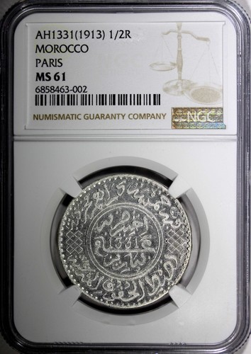 Morocco Yusuf Silver AH1331 (1913) 1/2 Rial NGC MS61 PARIS BETTER DATE Y# 32 (2) - Picture 2 of 5