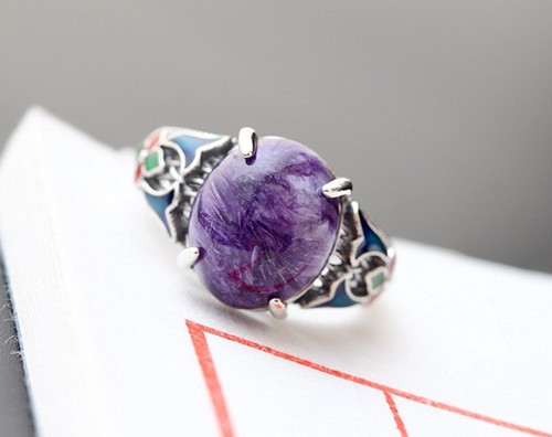 Anillo B06 púrpura Charoit piedra de ensueño siberiano flores colorido plata de ley 925 - Imagen 5 de 7