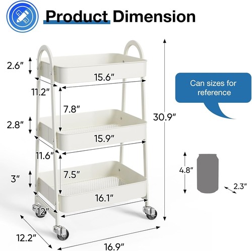 3 Tier Utility Rolling Cart, Metal Mobile Storage Shelf with Lockable Caster ... - Afbeelding 4 van 8