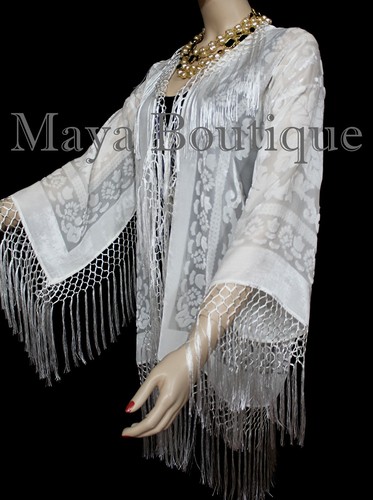 Maya Matazaro Elfenbein Fransen Jacke Kimono Kurzmantel Seide Ausbrenner Samt - Bild 5 von 8