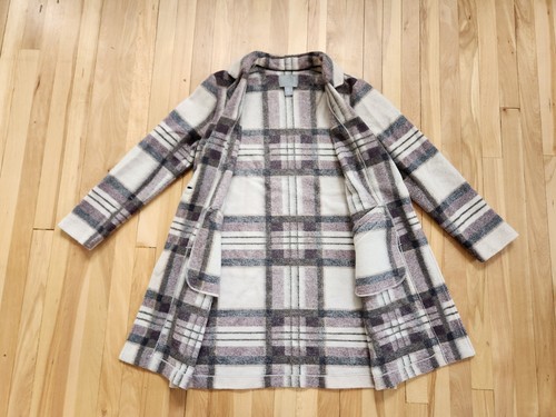 Kenar LARGE Wool Long Blazer Coat Beige Gray Purple Plaid Lightweight Brushed - Picture 6 of 7