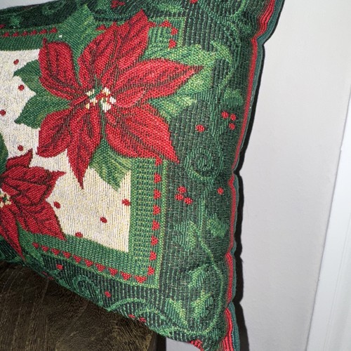 Poinsettias Green/Red Holiday Christmas Tapestry Lumbar Throw Pillow 12”x17” - Picture 5 of 12