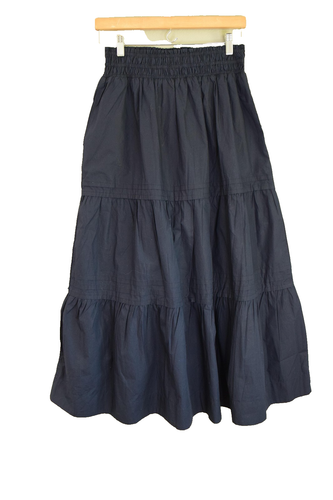 Quince Skirt Womens Small Navy Blue Tiered Poplin Organic Cotton Pull On Maxi - Picture 2 of 5