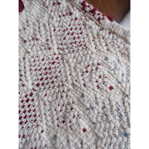 Hand Woven Throw Fringed Vintage Cotton Burgundy Blue & Cream - Picture 7 of 10