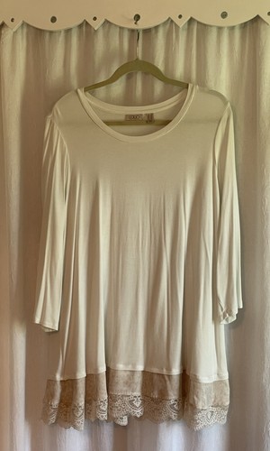 LOGO Lori Goldstein Damen 2X Tunika Oberteil Elfenbein Spitzensaum 3/4 Arm Pullover
