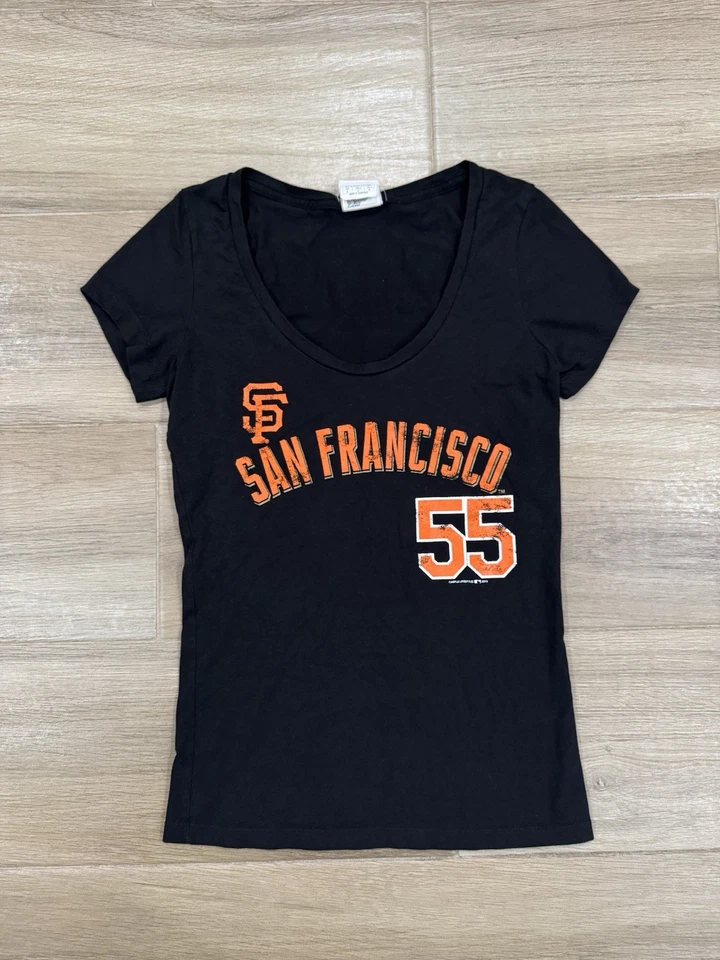 Camiseta para mujer Tim Lincecum de los Gigantes de San Francisco PEQUEÑA/MEDIANA DELGADA #55 negra Foto 3 de 4