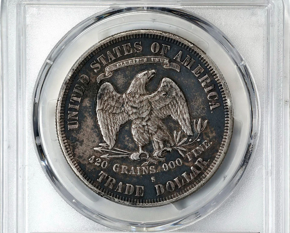 Trade Dollar 1877 S - Dettagli PCGS XF. Bella moneta d'argento USA. - Immagine 4 di 4
