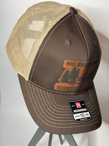 No Bragging Until You're Dragging Deer Hunting Leather Patch TRUCKER HAT - Picture 2 of 6