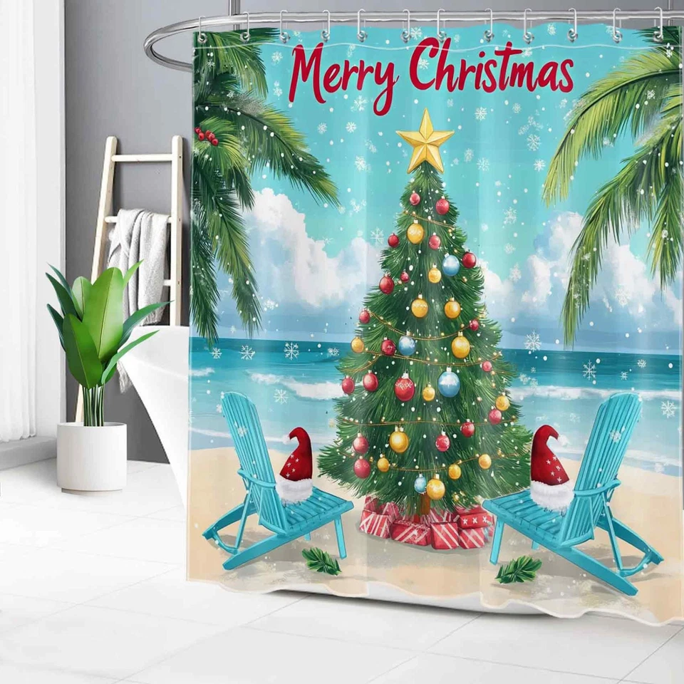 Juego de cortinas de ducha de Navidad de playa de árbol de Navidad verde tropical para decoración de baño Foto 4 de 4