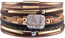 Leopard Bracelet for Women, Boho Leather Wrap Multi-Layer Pearl Crystal