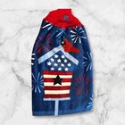 Patriotic Blue Kitchen Towel With White Crochet Top With A Flag Birdhouse/Bird