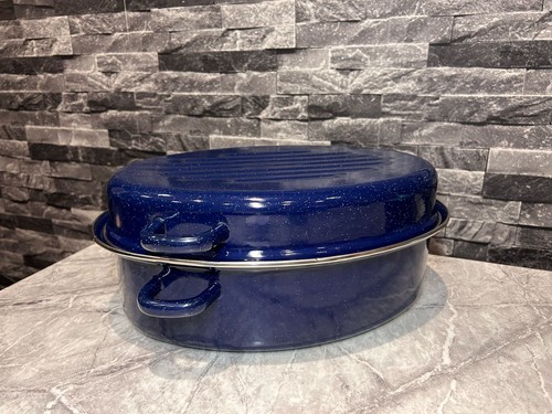 Large Vintage Blue With White Specs Roasting Pan 15.5" Long - Picture 3 of 6