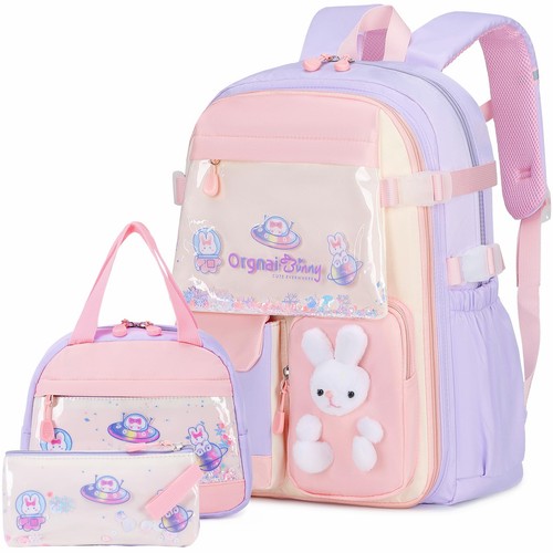 3Pcs Cute Bunny Backpacks for Girls with Lunch Box & Pencil Case, Kawaii Book...