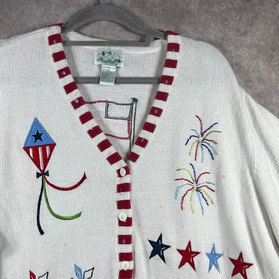 The Quacker Factory Cardigan Sweater Womens 1X White Knit Patriotic USA Flag - Image 2 of 4