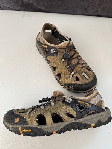 Merrell gestromte braune Ledersandalen Herren 10 wasserdicht Trail Wandern Vibram