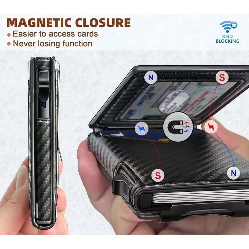 RFID-Blocking Men’s Bifold Pop-Up Wallet Carbon Fiber with Money Clip, Mens Gift - Image 3 of 4