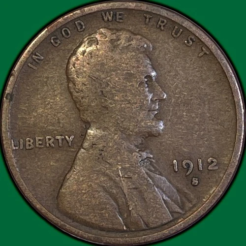 1912-S Lincoln Wheat Cent Fine F Coin, Faint Scratch #36111