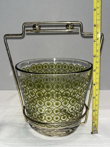 Vtg Jeanette Glass Green Atomic Print Ice Bucket Set Metal Holder MCM Barware - Picture 11 of 14