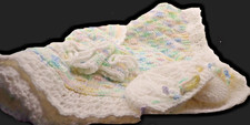 New h/made knittd. baby blanket 36x40 m/pastel w/white crocheted border/bonnet 