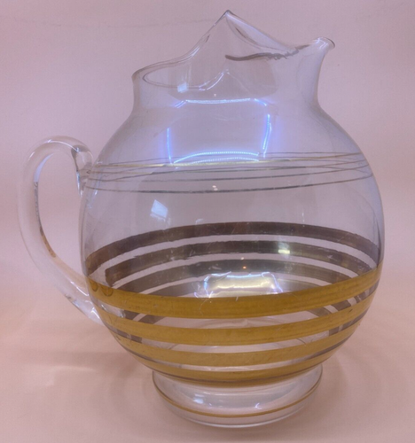 Vintage Ball Shaped Glass Pitcher and 6 Tumblers With Gold Bands MCM Style - Picture 4 of 24