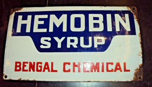 VINTAGE OLD ORIGINAL PORCELAIN ENAMEL SIGN HEMOBIN CHEMICAL SYRUP BENGAL ENAMEL - Afbeelding 1 van 5