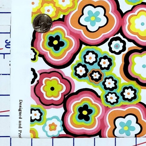 Groovy Neon Pink Black Blue White Yellow Flowers JoAnn Fabric Cotton By the Yard - Picture 3 of 5