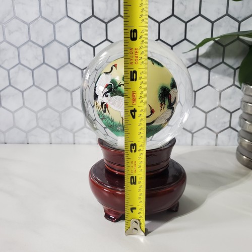 Vintage Reverse Hand Painted Cranes Revolving Sphere Ball Paperweight on Stand - Picture 10 of 12