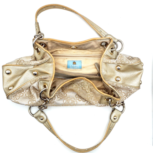 Borsa a mano Kathy Van Zeeland marrone e oro da donna designer catena oro Bling - Foto 3 di 4