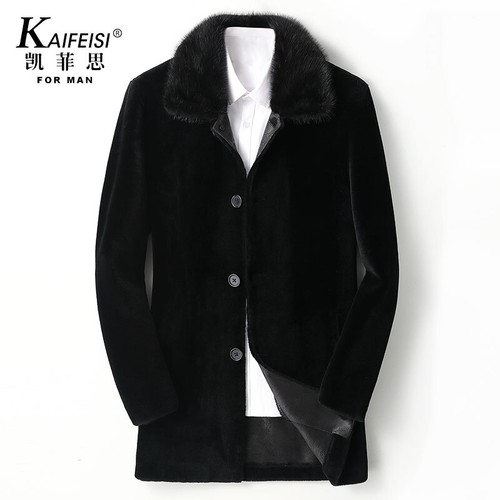 Mens Real Mink Fur Collar Mid Long Coats Overcoat Shearling Wool Single Breasted - Picture 23 of 25