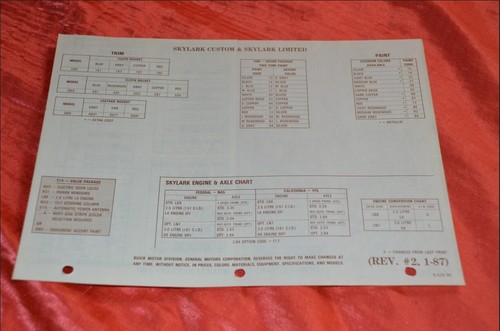 RARE 1987 Buick Skylark Custom Limited ORIGINAL Dealer New Car Order Form Sheet - Picture 3 of 3