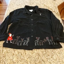 CJ Banks Women's Black Christmas Corduroy Button-Up Shirt Plus Size 1X 