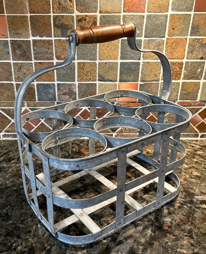 Vintage Milk Jug Galvanized Carrier With Wood Handle - Picture 3 of 16
