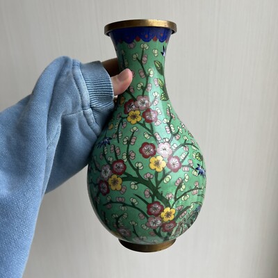 花卉　瓶　中国 复古中国铜Cloisonne Raised 搪瓷花卉绿色花瓶9.25 | eBay