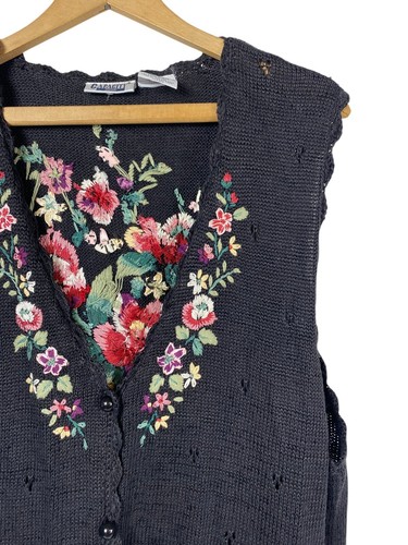 Embroidered Floral Vest Vintage Crochet Button Black Cottagecore Grandmacore 1X - Picture 5 of 15