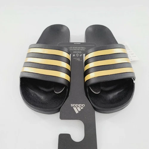 Nuovo sandalo uomo ADIDAS Adilette Aqua taglia 10 nero con logo oro comodo slide