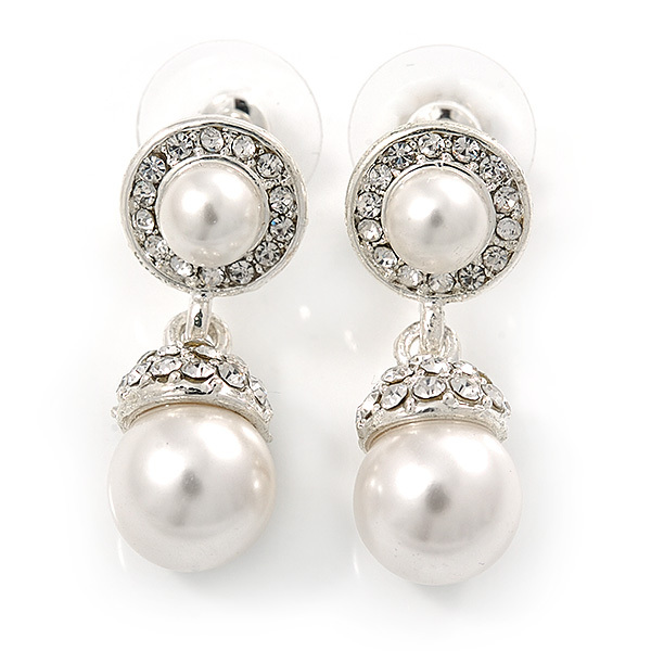Clear Crystal Ball Drop Earrings In Rhodium P Bridal// Wedding White Glass Pearl