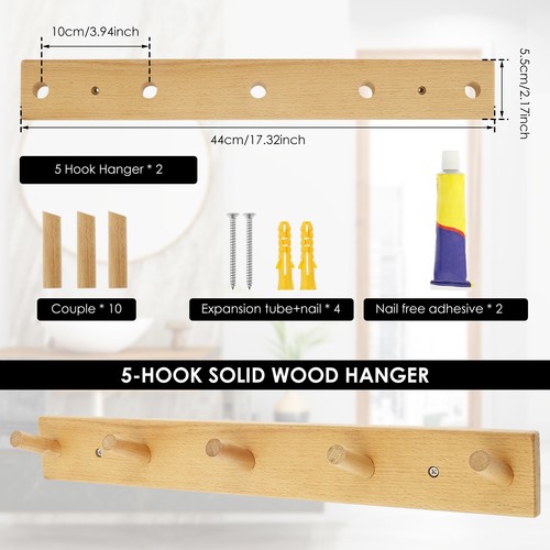 2 Pcs Wall Mounted Coat Rack Wood Wall Hook Rack with 5 Hooks for Entryway - Picture 4 of 11