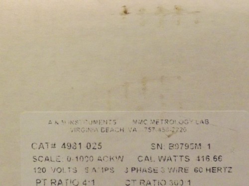 A&M Inst. MR492W001ACGWH Model 4981-025 A-C Kilowatts Wattmeter 120V 60HZ - Picture 7 of 8