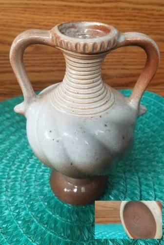 Signierte exotische Amphore gerippter Hals Wirbelmuster Keramik Vase 6" - Bild 1 von 14