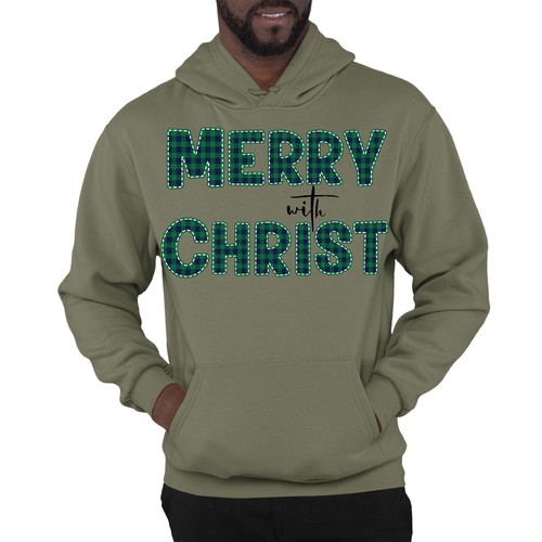 Mens Graphic Hoodie Merry with Christ - Green Plaid Christmas Holiday - Picture 39 of 54