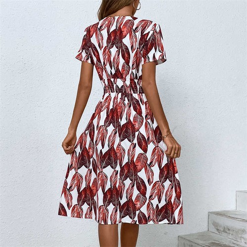 Small Floral Print V-Neck Middle Skirt Summer Women Short Sleeve Dress - Picture 32 of 40