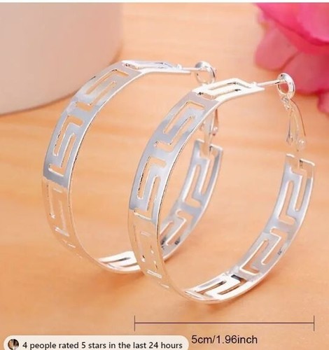 NEW WOMEN'S MEDIUM LARGE SILVER GREEK KEY ROUND HOOP EARRINGS LIGHT WEIGHT 2" - Picture 4 of 4