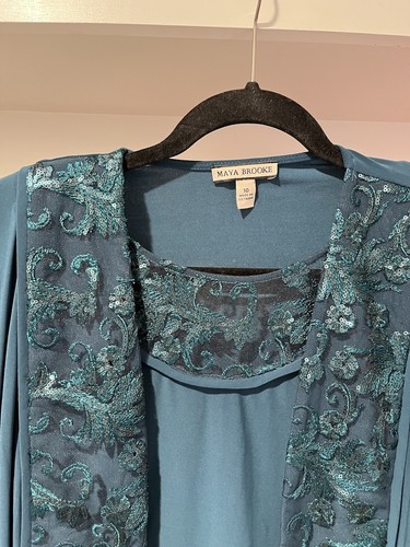 Set abito e giacca blu Maya Brooke nuovi con etichette 2 pz taglia 10 paillettes pizzo $130 - Foto 2 di 10