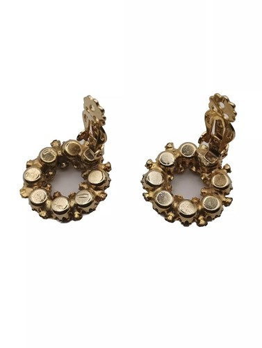 Vintage Weiss Brown Rhinestone Round Glass Wreath Gold Tone Clip On Earrings - 第 3/3 張圖片