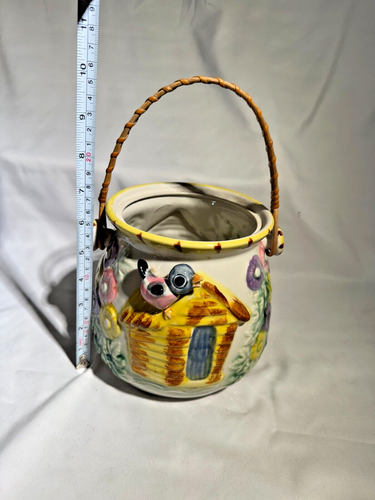 Tarro de galletas vintage flores pájaro azul en casa efecto 3D bote Lefton - Imagen 2 de 10