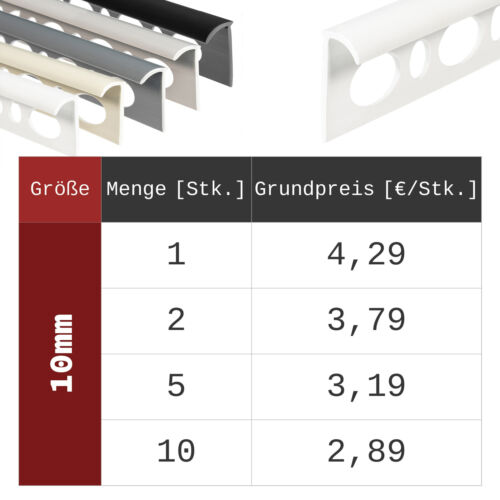 8 - 12 mm Viertelkreis-Profile Fliesenprofile Abschluss von Fliesenkanten PVC - Bild 3 von 4